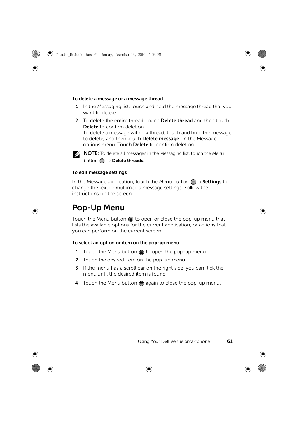 To delete a message or a message thread, To edit message settings, Pop-up menu | To select an option or item on the pop-up menu | Dell Mobile Venue User Manual | Page 61 / 161