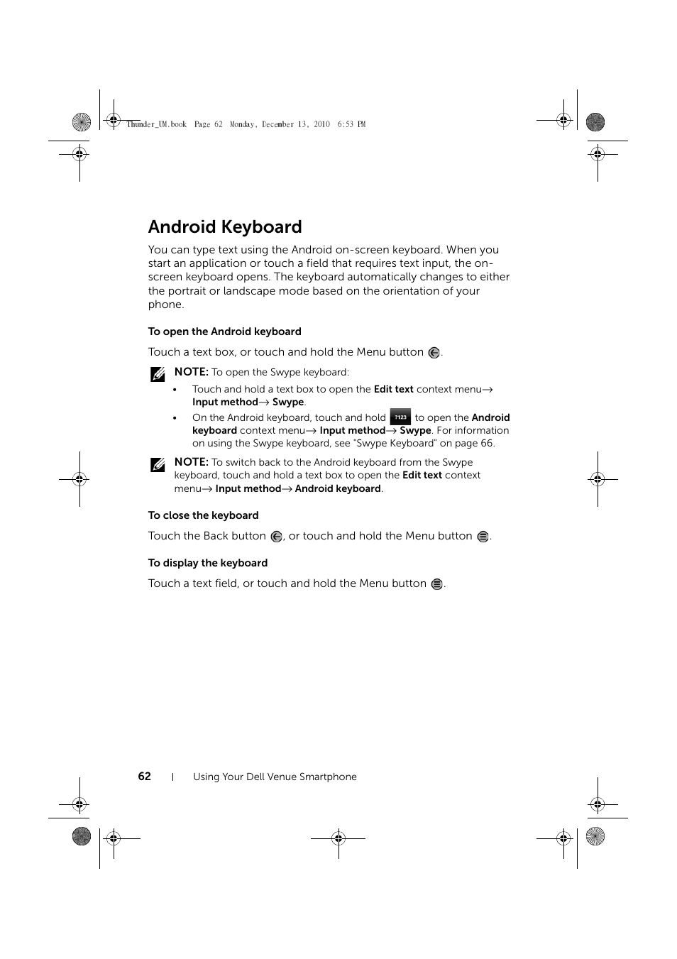 Android keyboard, To open the android keyboard, To close the keyboard | To display the keyboard | Dell Mobile Venue User Manual | Page 62 / 161