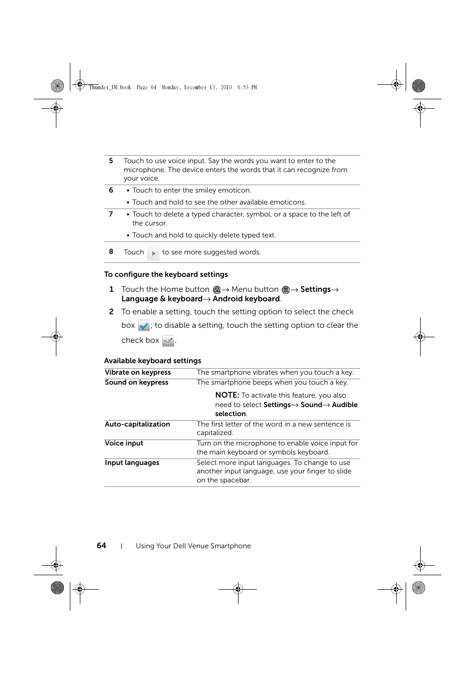 To configure the keyboard settings, Available keyboard settings | Dell Mobile Venue User Manual | Page 64 / 161