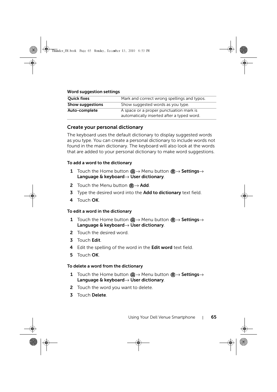 Word suggestion settings, Create your personal dictionary, To add a word to the dictionary | To edit a word in the dictionary, To delete a word from the dictionary | Dell Mobile Venue User Manual | Page 65 / 161