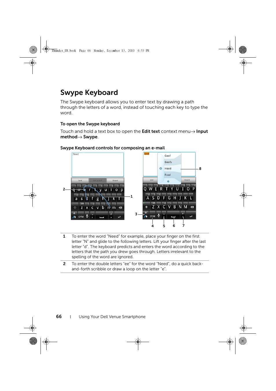 Swype keyboard, To open the swype keyboard, Swype keyboard controls for composing an e-mail | Dell Mobile Venue User Manual | Page 66 / 161