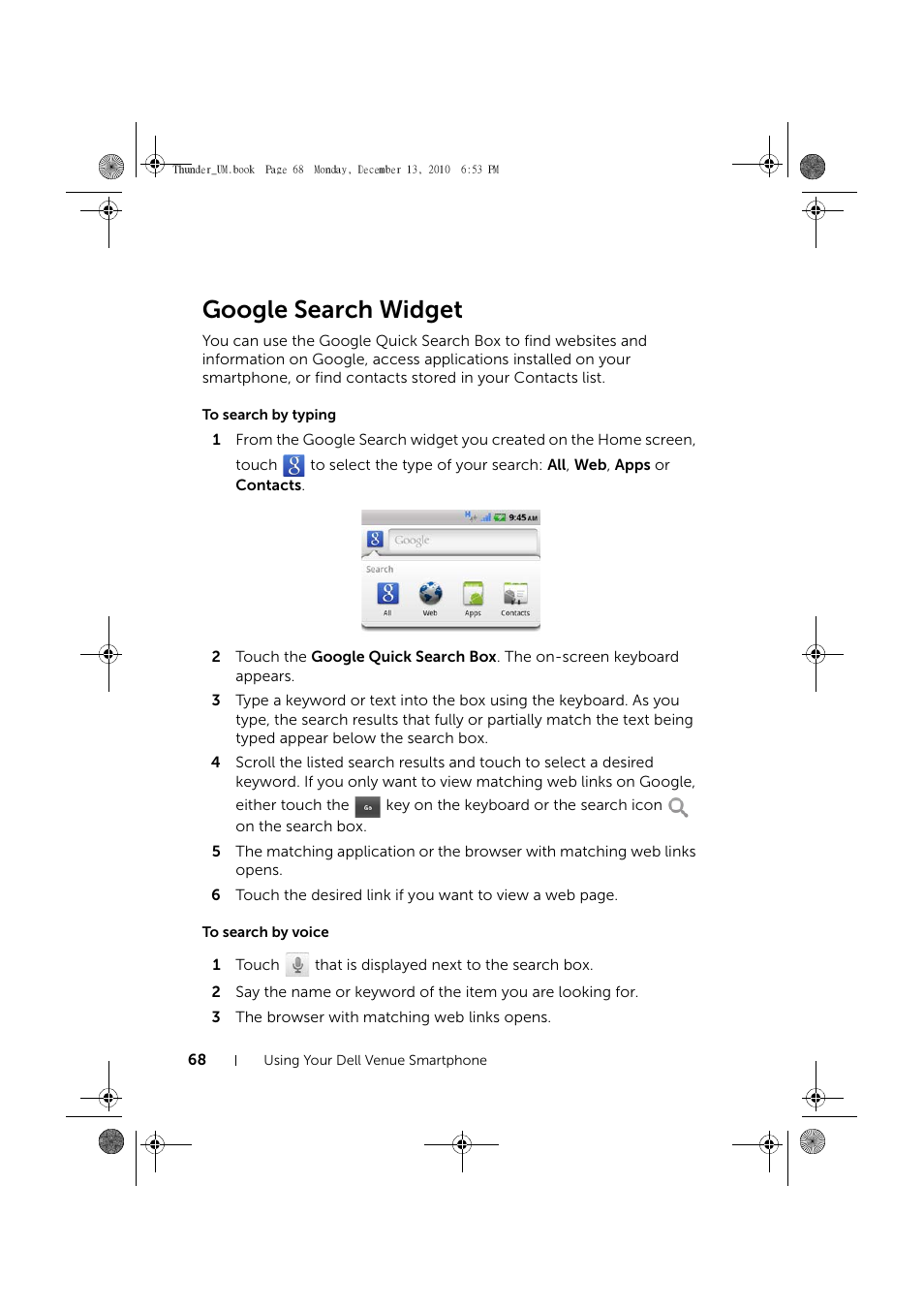 Google search widget, To search by typing, To search by voice | Dell Mobile Venue User Manual | Page 68 / 161