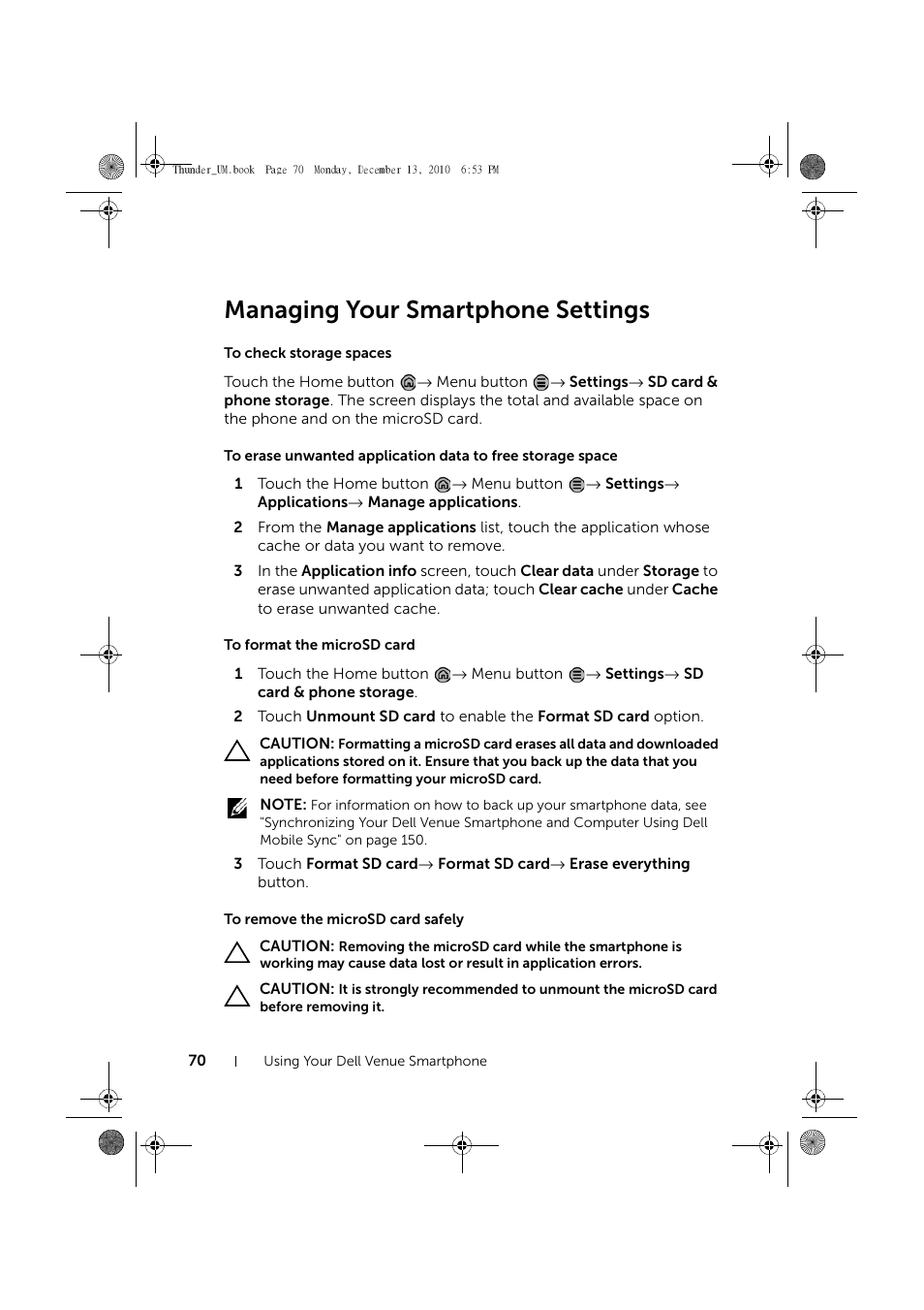 Managing your smartphone settings, To check storage spaces, To format the microsd card | To remove the microsd card safely | Dell Mobile Venue User Manual | Page 70 / 161