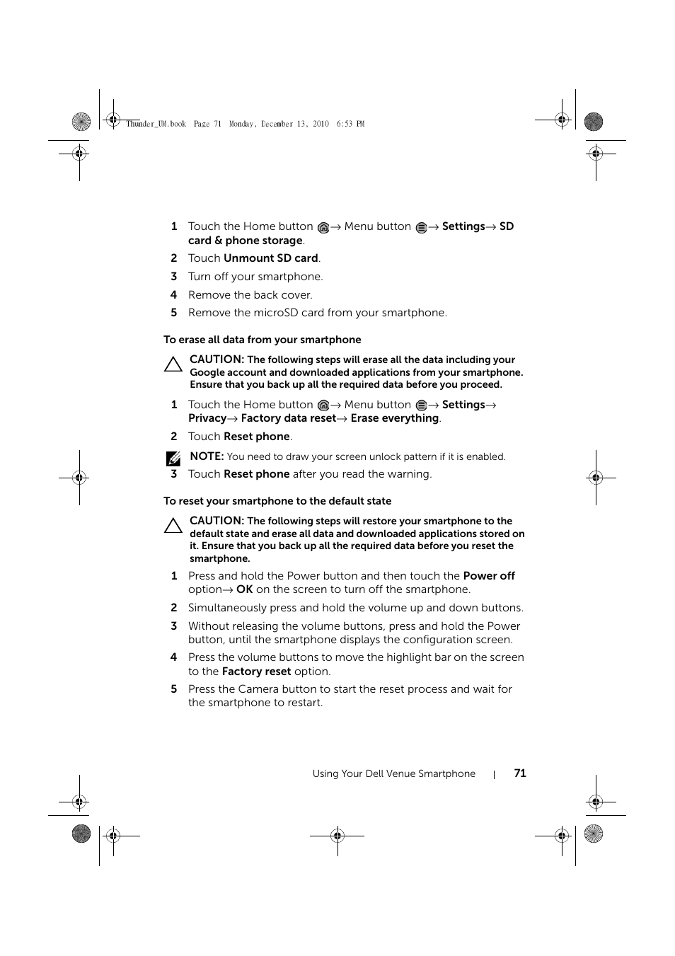 To erase all data from your smartphone, To reset your smartphone to the default state | Dell Mobile Venue User Manual | Page 71 / 161