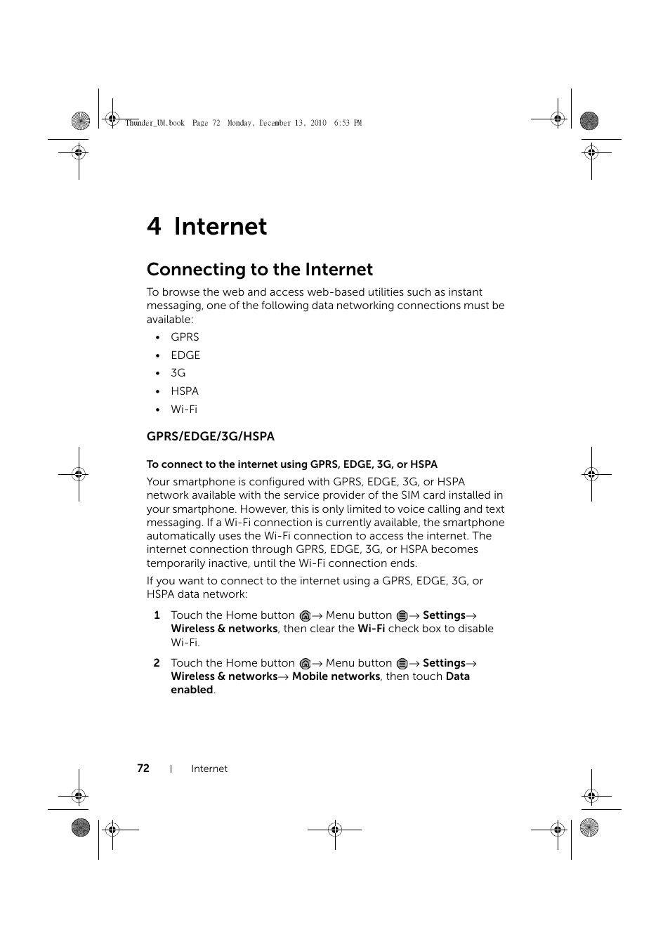 4 internet, Connecting to the internet, Gprs/edge/3g/hspa | Internet | Dell Mobile Venue User Manual | Page 72 / 161