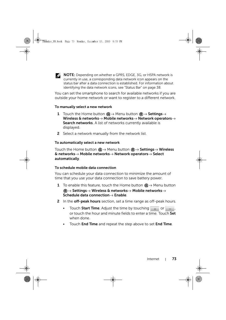 To manually select a new network, To automatically select a new network, To schedule mobile data connection | Dell Mobile Venue User Manual | Page 73 / 161