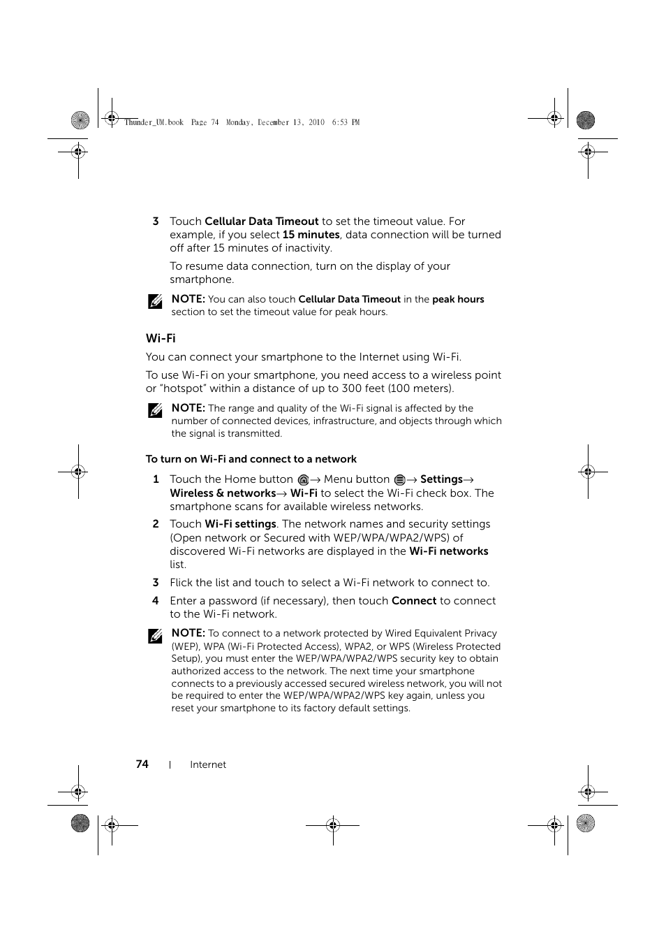 Wi-fi, To turn on wi-fi and connect to a network | Dell Mobile Venue User Manual | Page 74 / 161