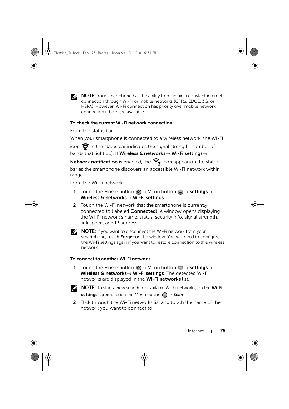 To check the current wi-fi network connection, To connect to another wi-fi network | Dell Mobile Venue User Manual | Page 75 / 161