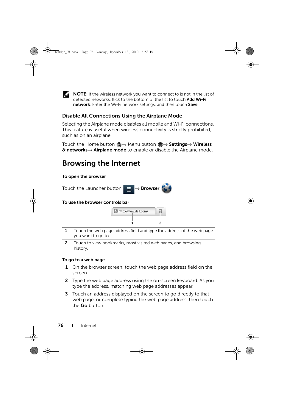 Disable all connections using the airplane mode, Browsing the internet, To open the browser | To use the browser controls bar | Dell Mobile Venue User Manual | Page 76 / 161