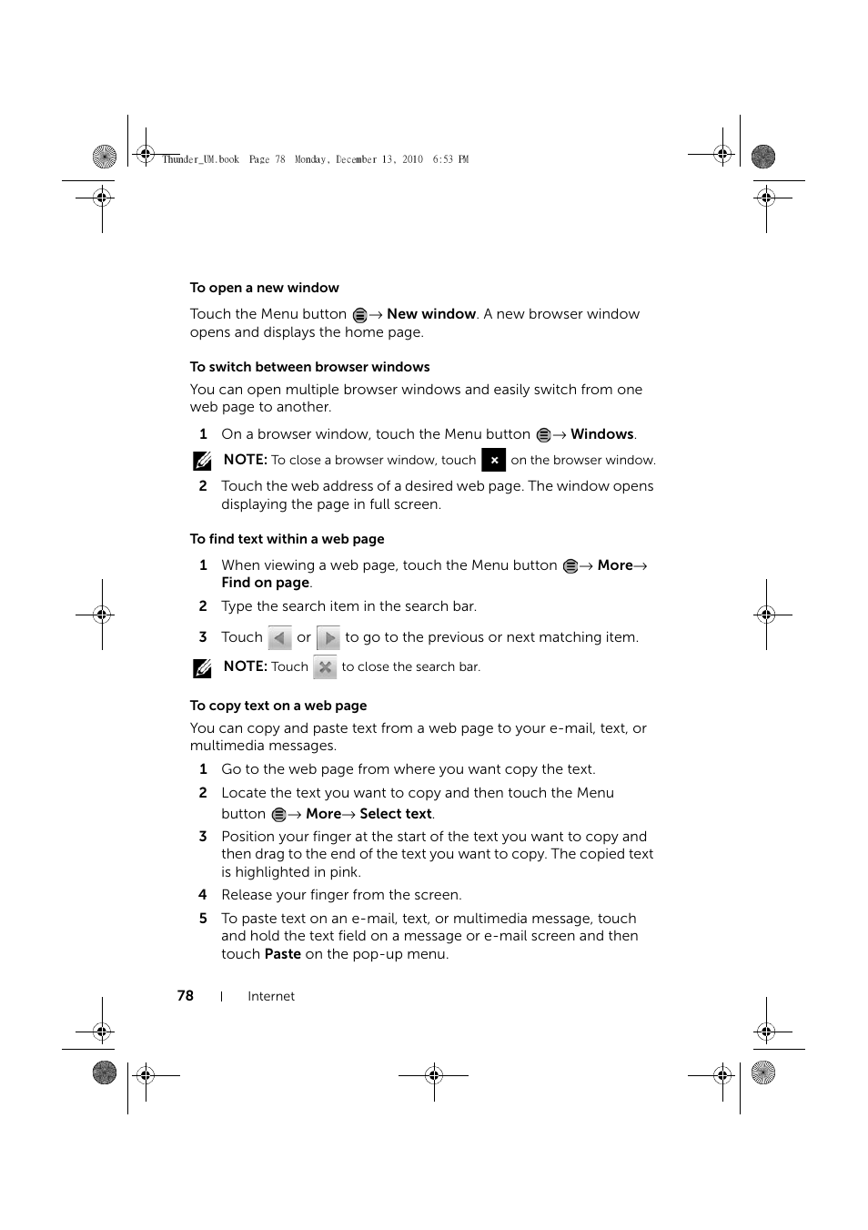 To open a new window, To switch between browser windows | Dell Mobile Venue User Manual | Page 78 / 161