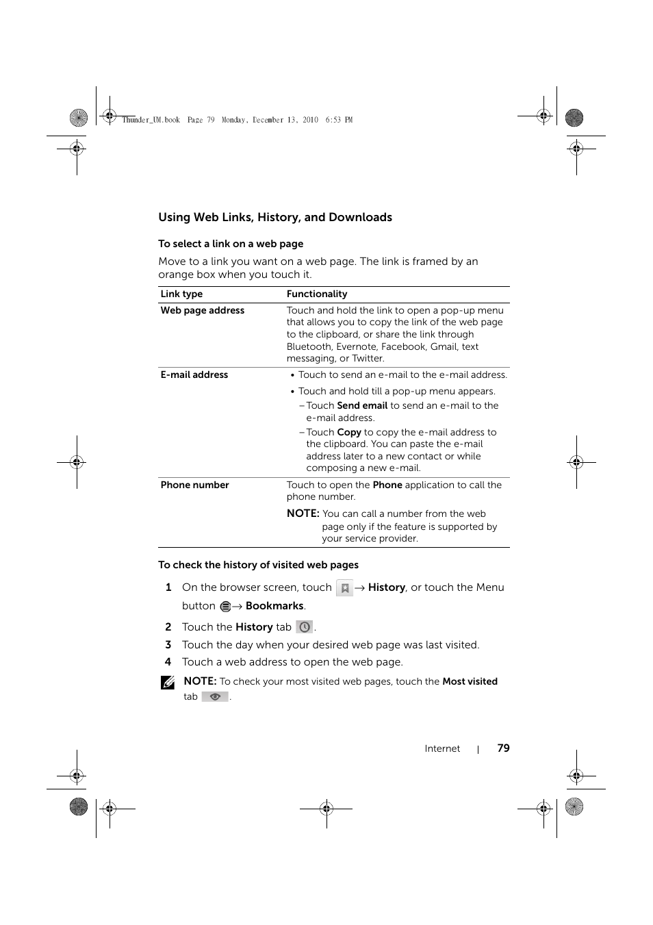 Using web links, history, and downloads | Dell Mobile Venue User Manual | Page 79 / 161