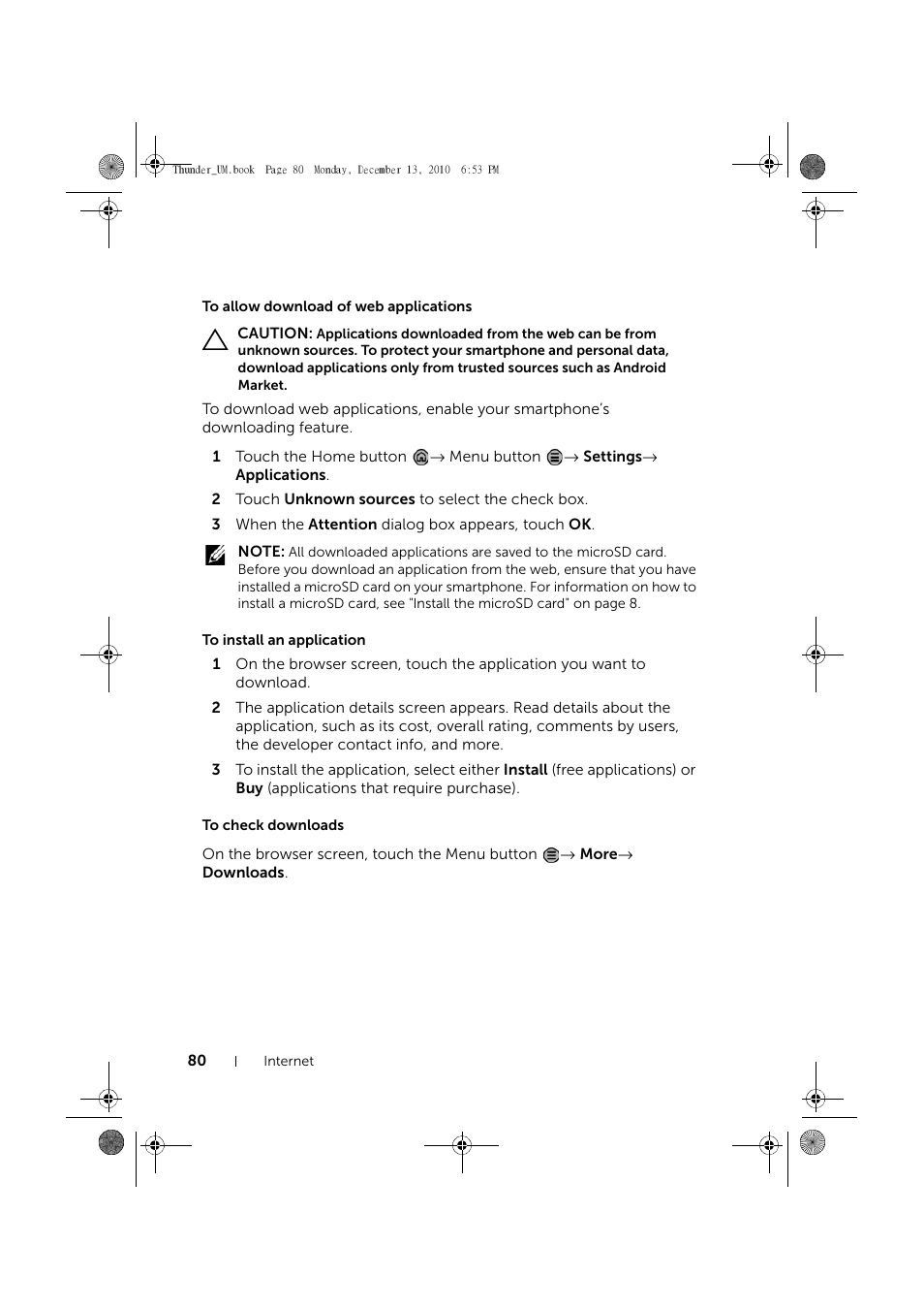 To allow download of web applications, To install an application, To check downloads | Dell Mobile Venue User Manual | Page 80 / 161