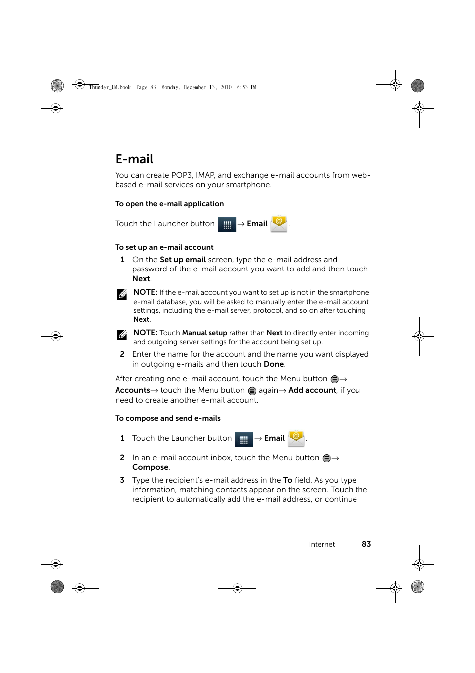 E-mail, To open the e-mail application, To set up an e-mail account | To compose and send e-mails | Dell Mobile Venue User Manual | Page 83 / 161