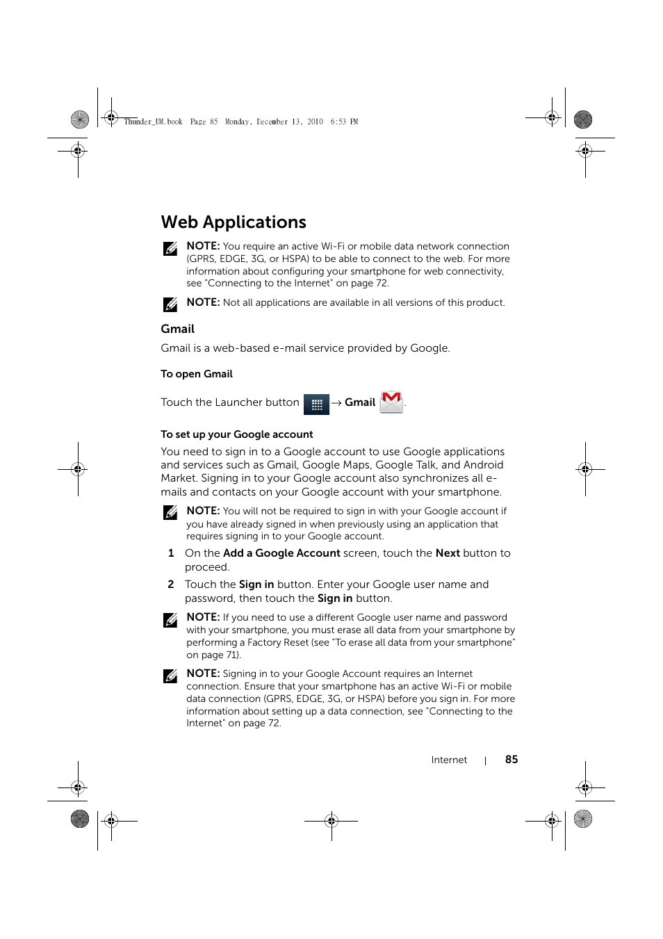 Web applications, Gmail, To open gmail | To set up your google account | Dell Mobile Venue User Manual | Page 85 / 161