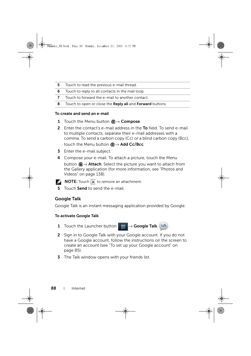 To create and send an e-mail, Google talk, To activate google talk | Dell Mobile Venue User Manual | Page 88 / 161