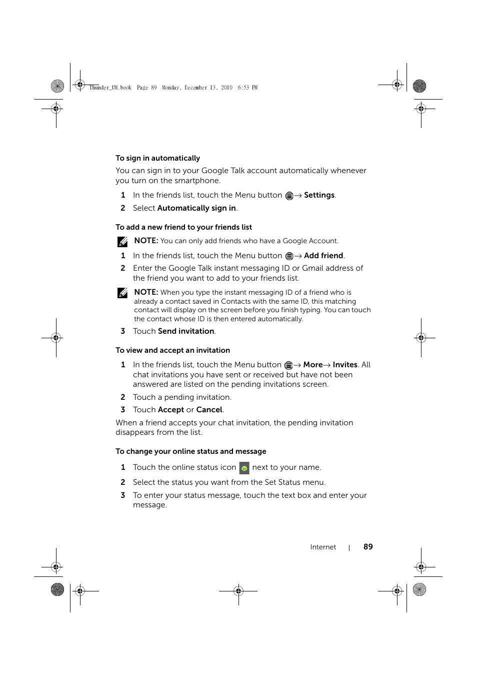 To sign in automatically, To add a new friend to your friends list, To view and accept an invitation | To change your online status and message | Dell Mobile Venue User Manual | Page 89 / 161