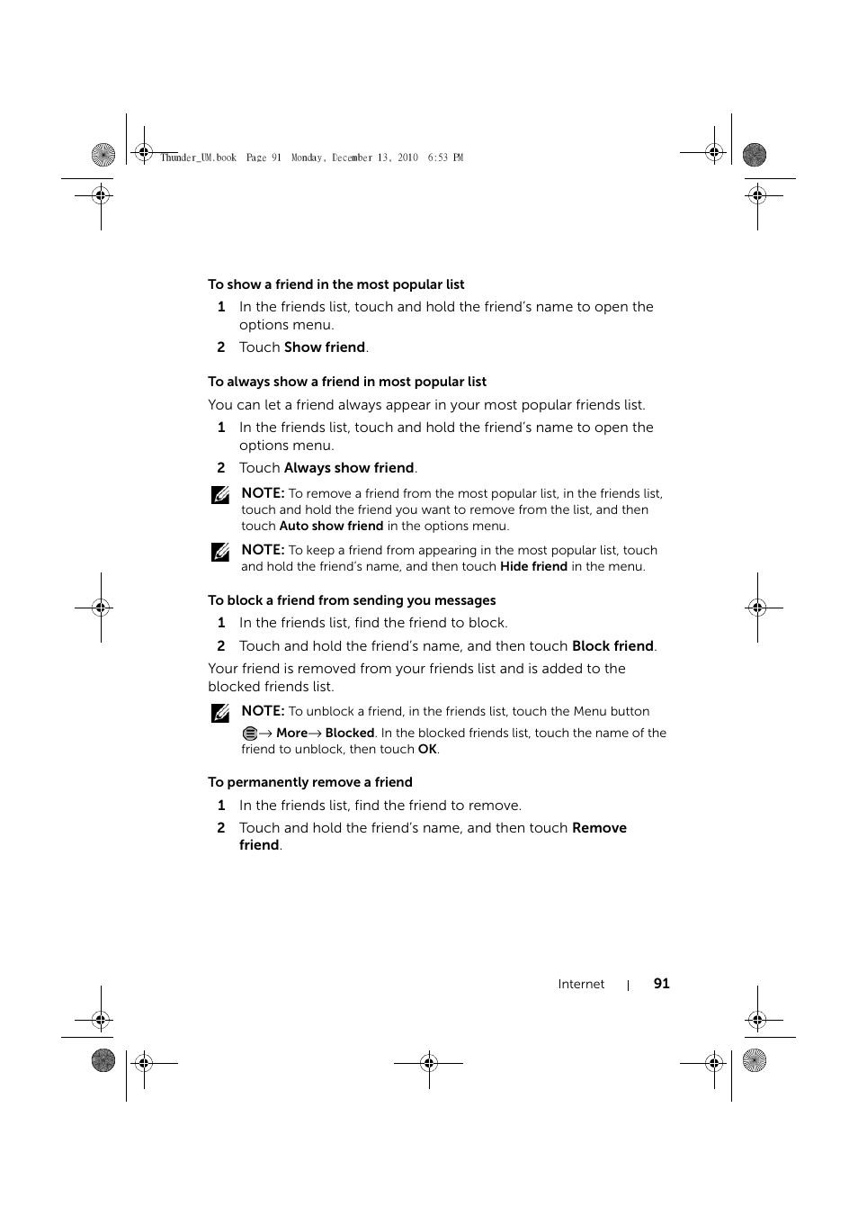 To show a friend in the most popular list, To always show a friend in most popular list, To block a friend from sending you messages | To permanently remove a friend | Dell Mobile Venue User Manual | Page 91 / 161