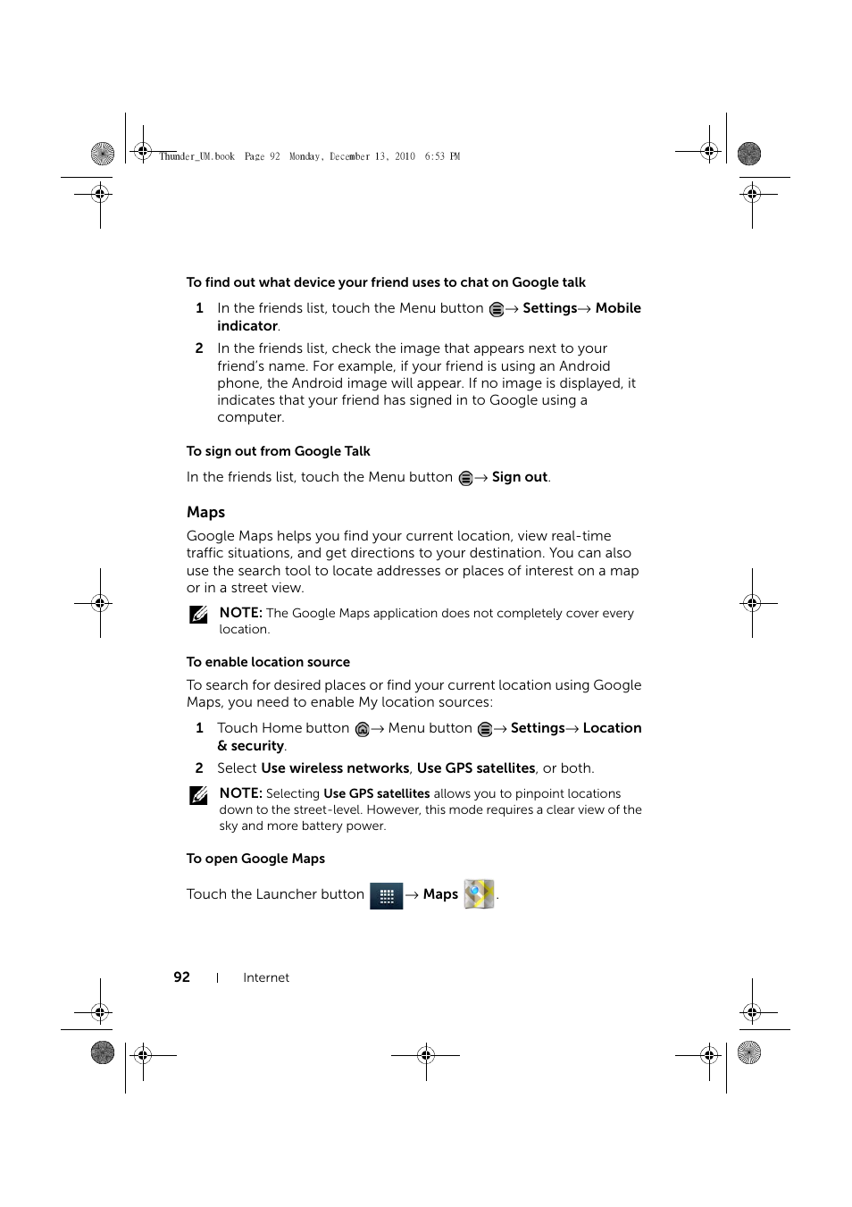 To sign out from google talk, Maps, To enable location source | To open google maps | Dell Mobile Venue User Manual | Page 92 / 161
