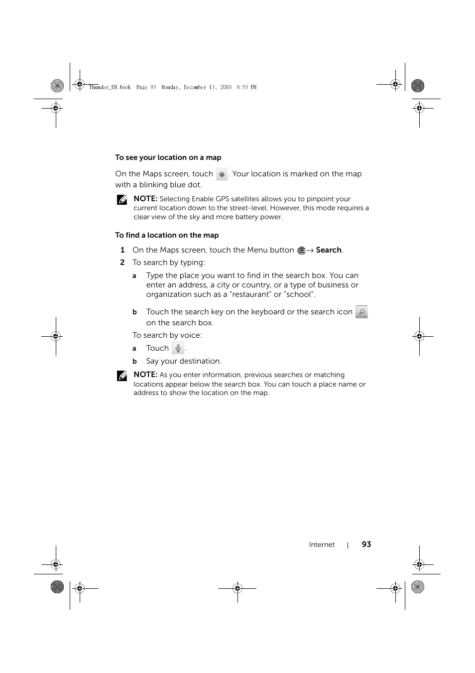 To see your location on a map, To find a location on the map | Dell Mobile Venue User Manual | Page 93 / 161