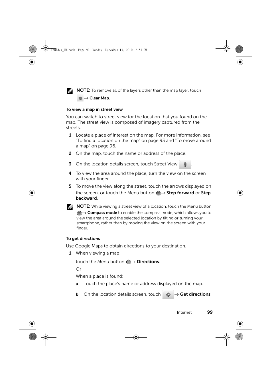 To view a map in street view, To get directions | Dell Mobile Venue User Manual | Page 99 / 161