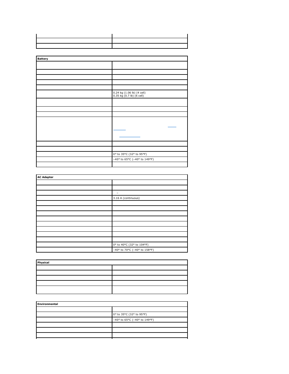 Battery, Ac adapter, Physical | Environmental | Dell Latitude 120L User Manual | Page 81 / 104