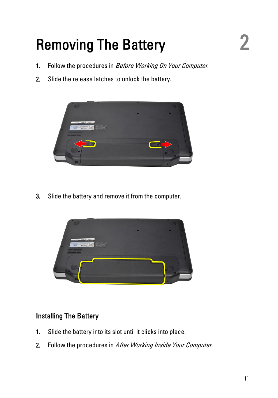 Removing the battery, Installing the battery, 2 removing the battery | Dell Vostro 1540 (Mid 2011) User Manual | Page 11 / 86