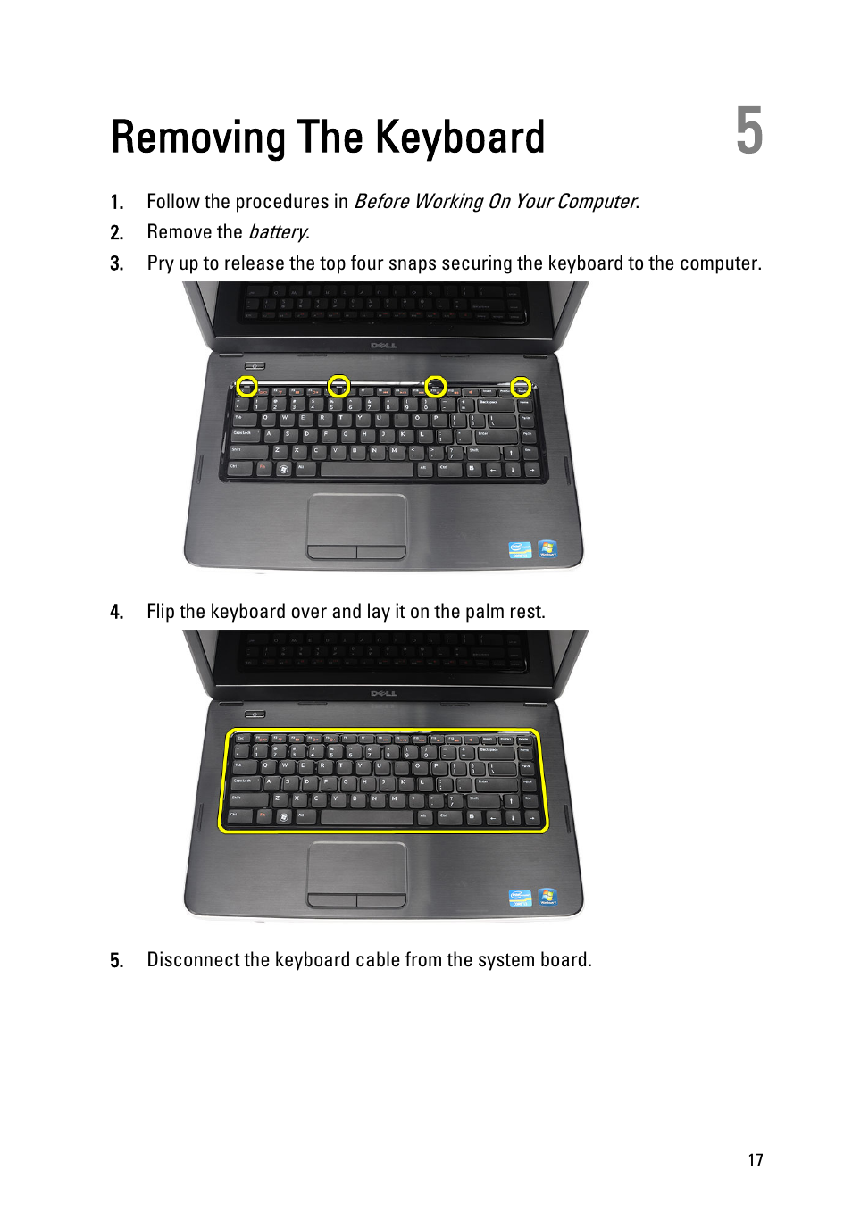 Removing the keyboard, 5 removing the keyboard | Dell Vostro 1540 (Mid 2011) User Manual | Page 17 / 86