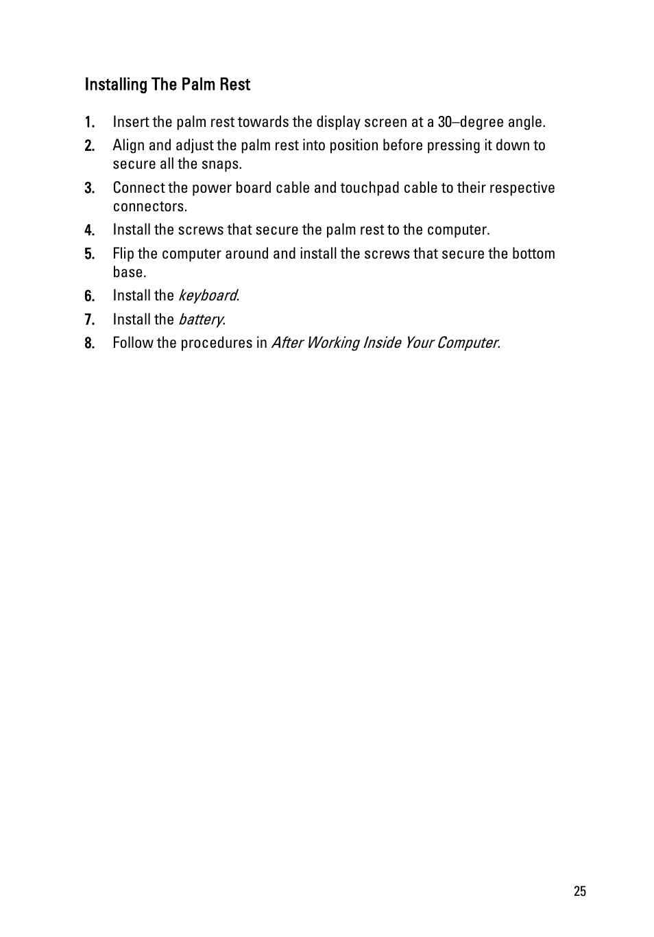 Installing the palm rest | Dell Vostro 1540 (Mid 2011) User Manual | Page 25 / 86