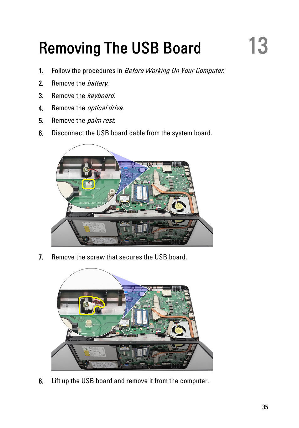 Removing the usb board, 13 removing the usb board | Dell Vostro 1540 (Mid 2011) User Manual | Page 35 / 86