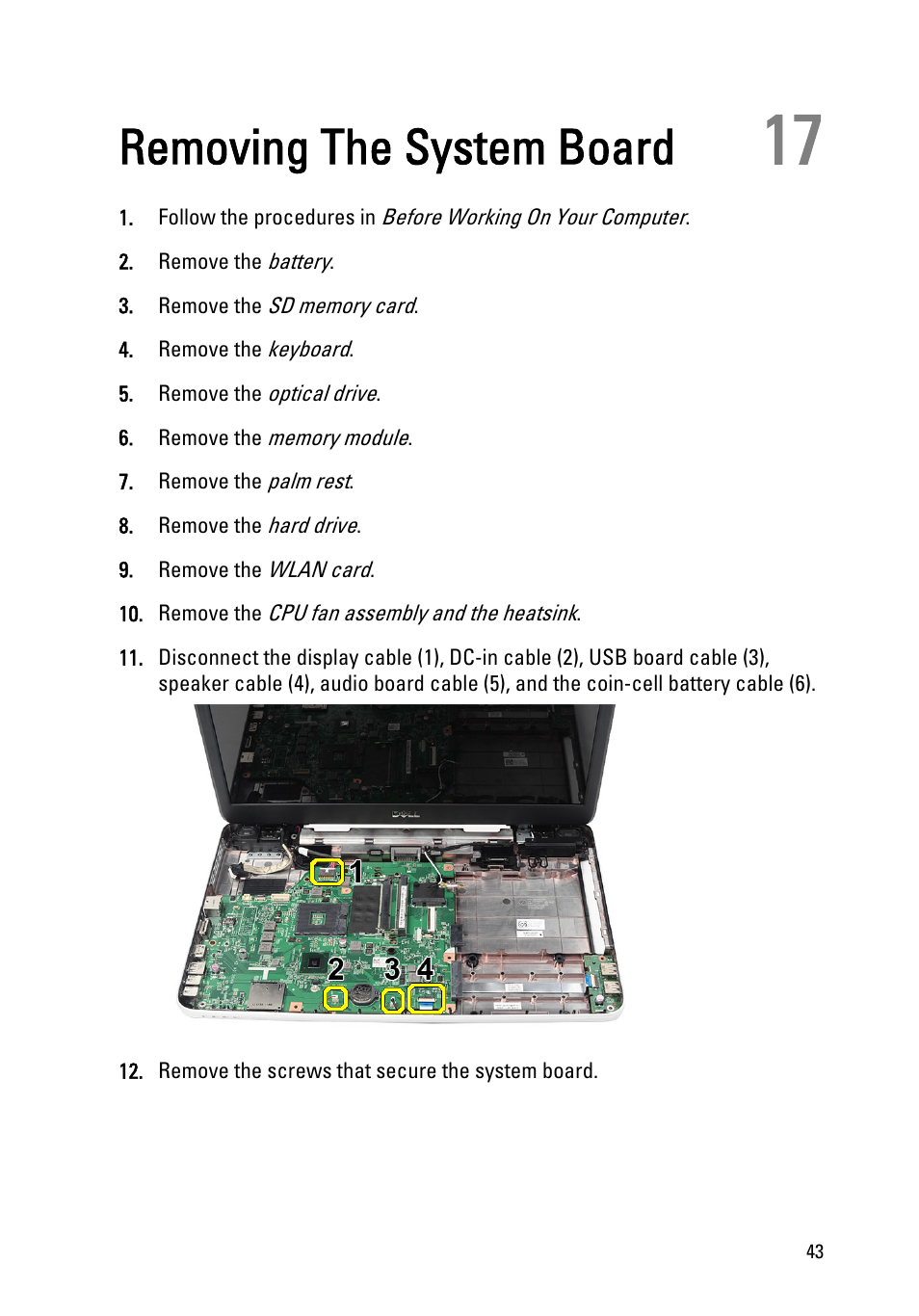 Removing the system board, 17 removing the system board | Dell Vostro 1540 (Mid 2011) User Manual | Page 43 / 86