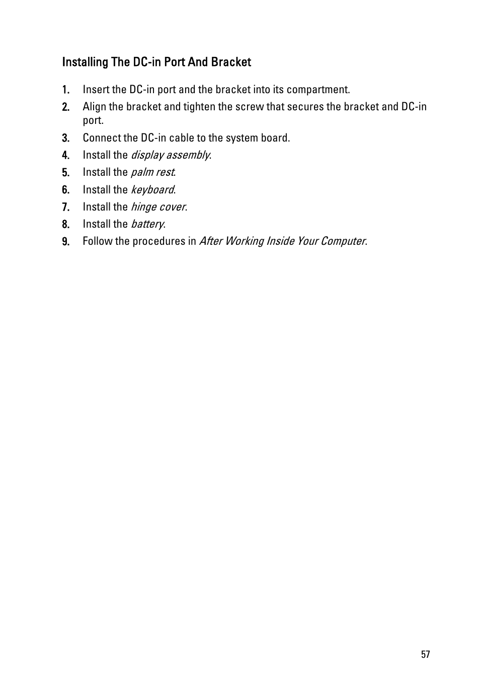 Installing the dc-in port and bracket | Dell Vostro 1540 (Mid 2011) User Manual | Page 57 / 86