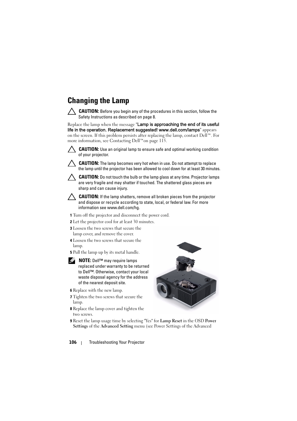 Changing the lamp | Dell 4320 Projector User Manual | Page 106 / 121
