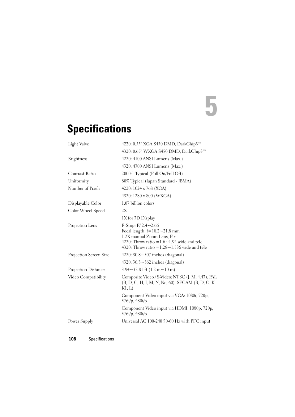 Specifications | Dell 4320 Projector User Manual | Page 108 / 121