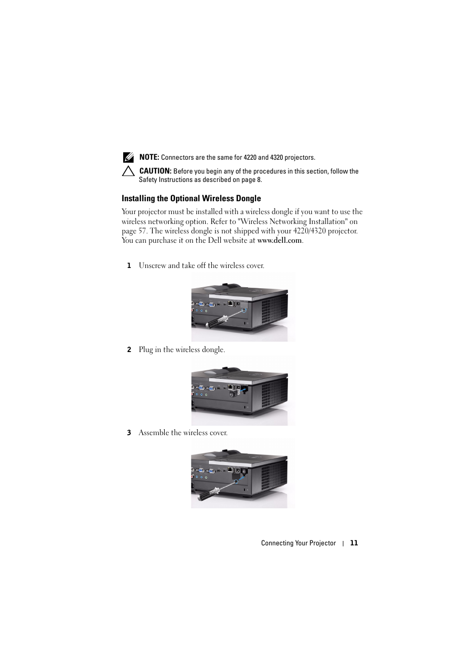 Installing the optional wireless dongle | Dell 4320 Projector User Manual | Page 11 / 121