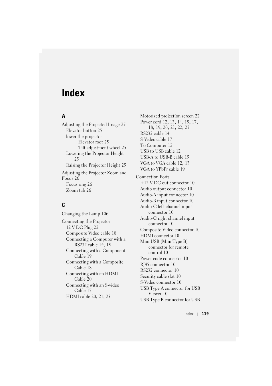 Index | Dell 4320 Projector User Manual | Page 119 / 121