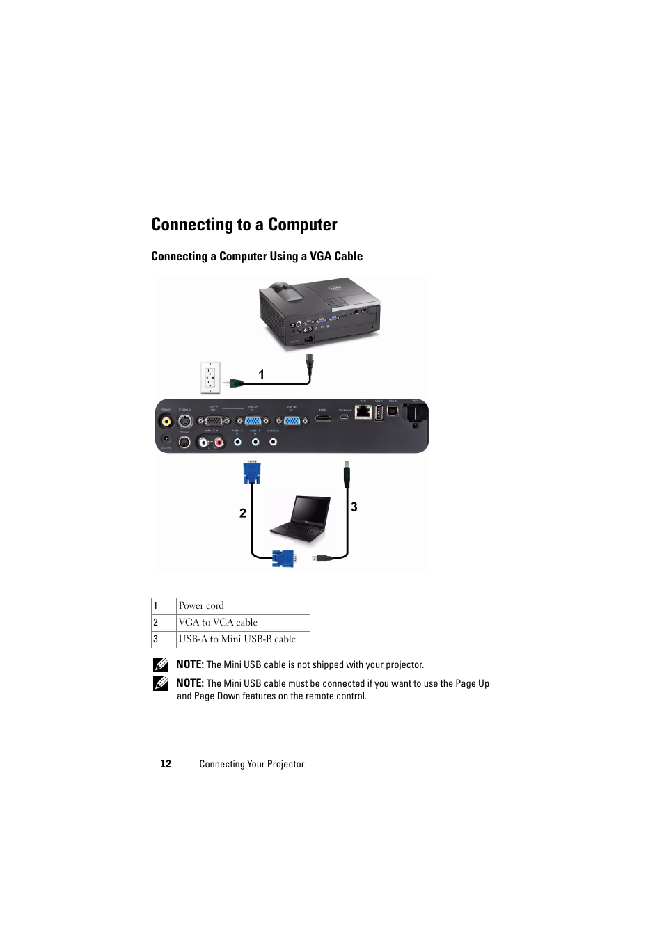 Connecting to a computer, Connecting a computer using a vga cable | Dell 4320 Projector User Manual | Page 12 / 121