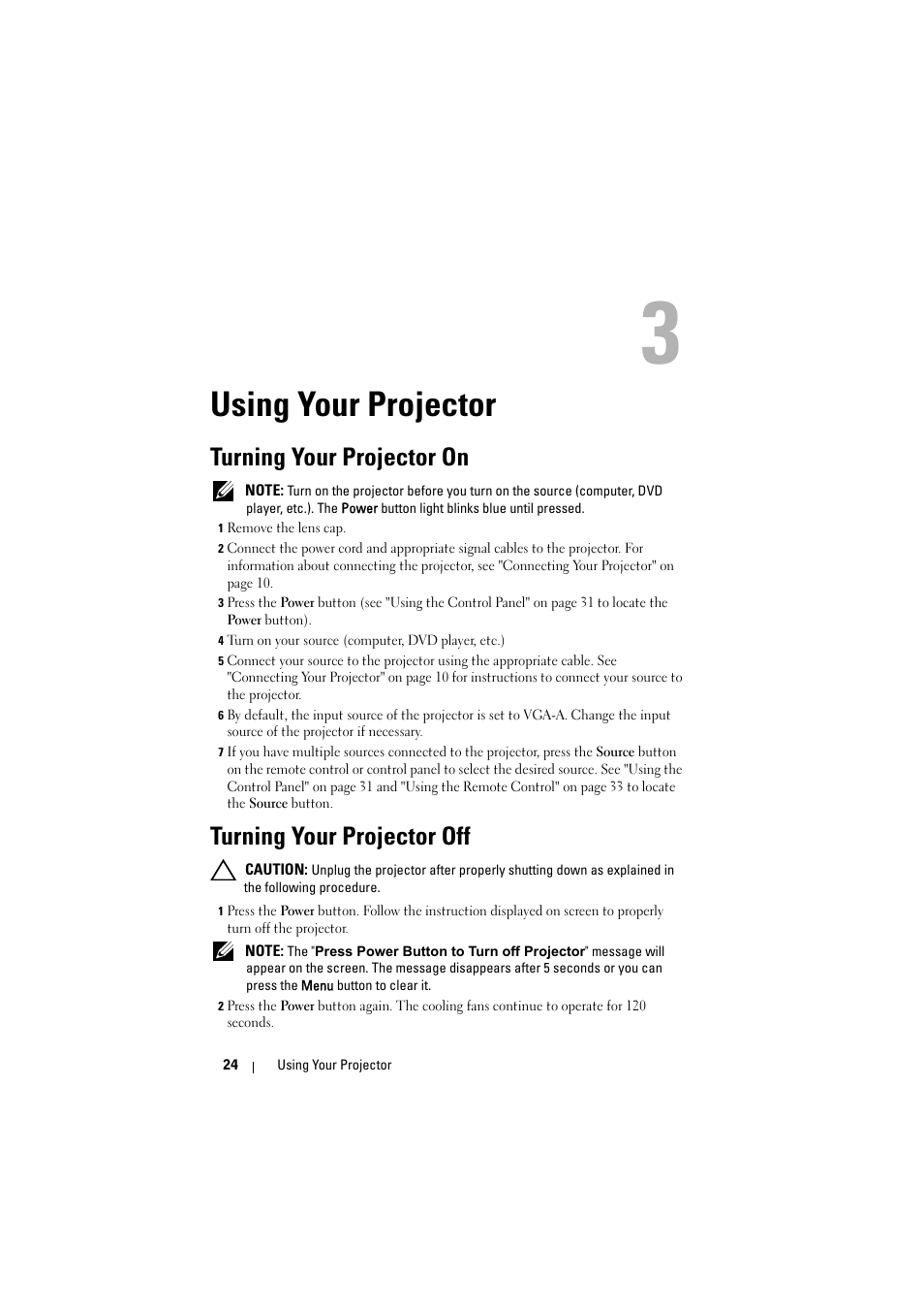 Using your projector, Turning your projector on, Turning your projector off | Dell 4320 Projector User Manual | Page 24 / 121