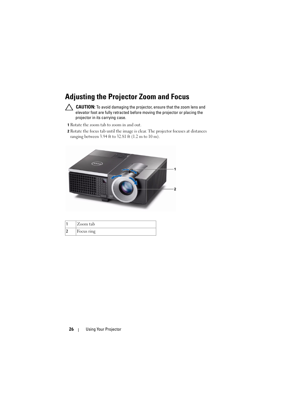 Adjusting the projector zoom and focus | Dell 4320 Projector User Manual | Page 26 / 121