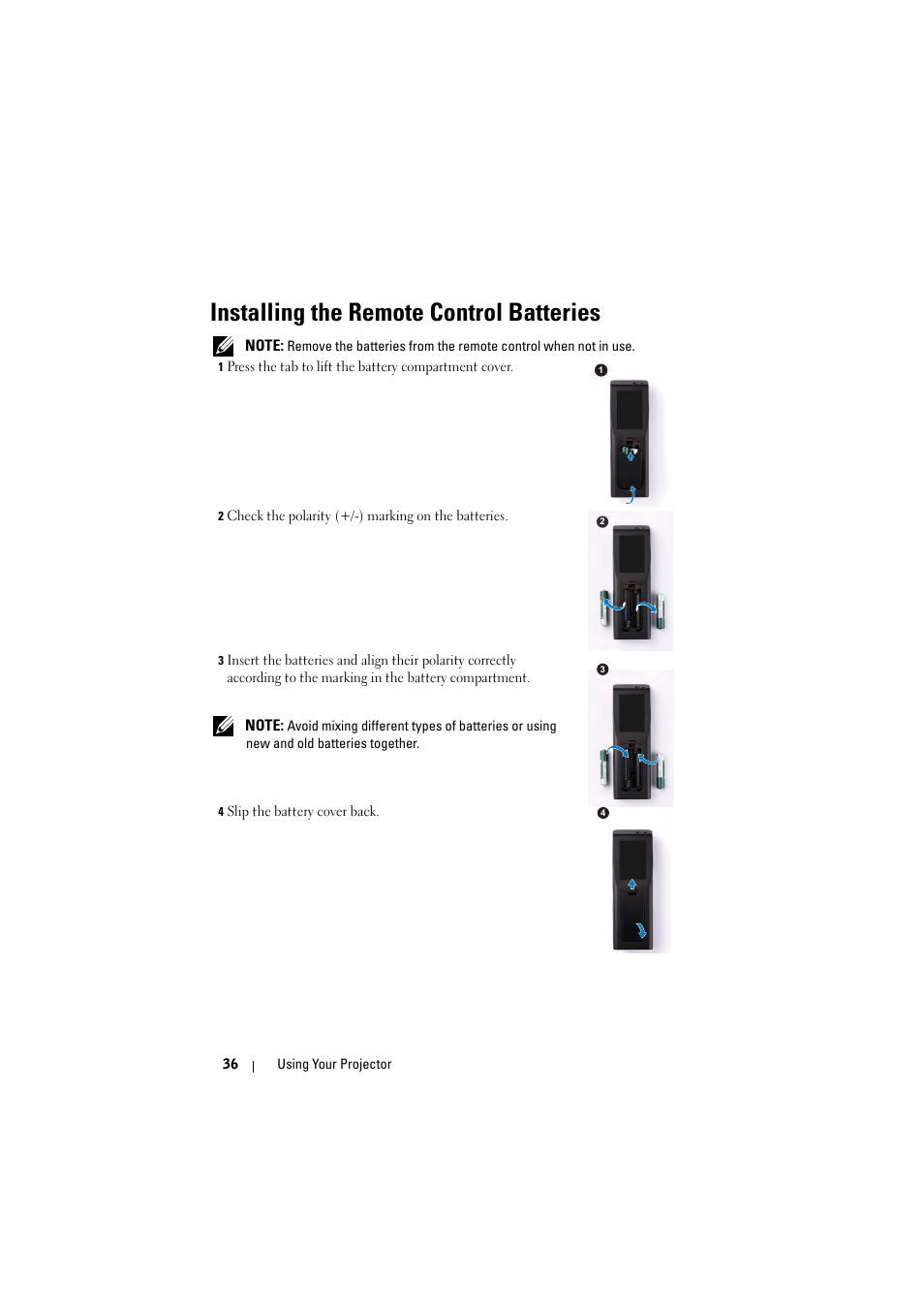 Installing the remote control batteries | Dell 4320 Projector User Manual | Page 36 / 121
