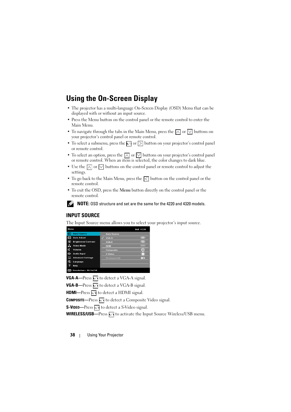 Using the on-screen display, Input source | Dell 4320 Projector User Manual | Page 38 / 121