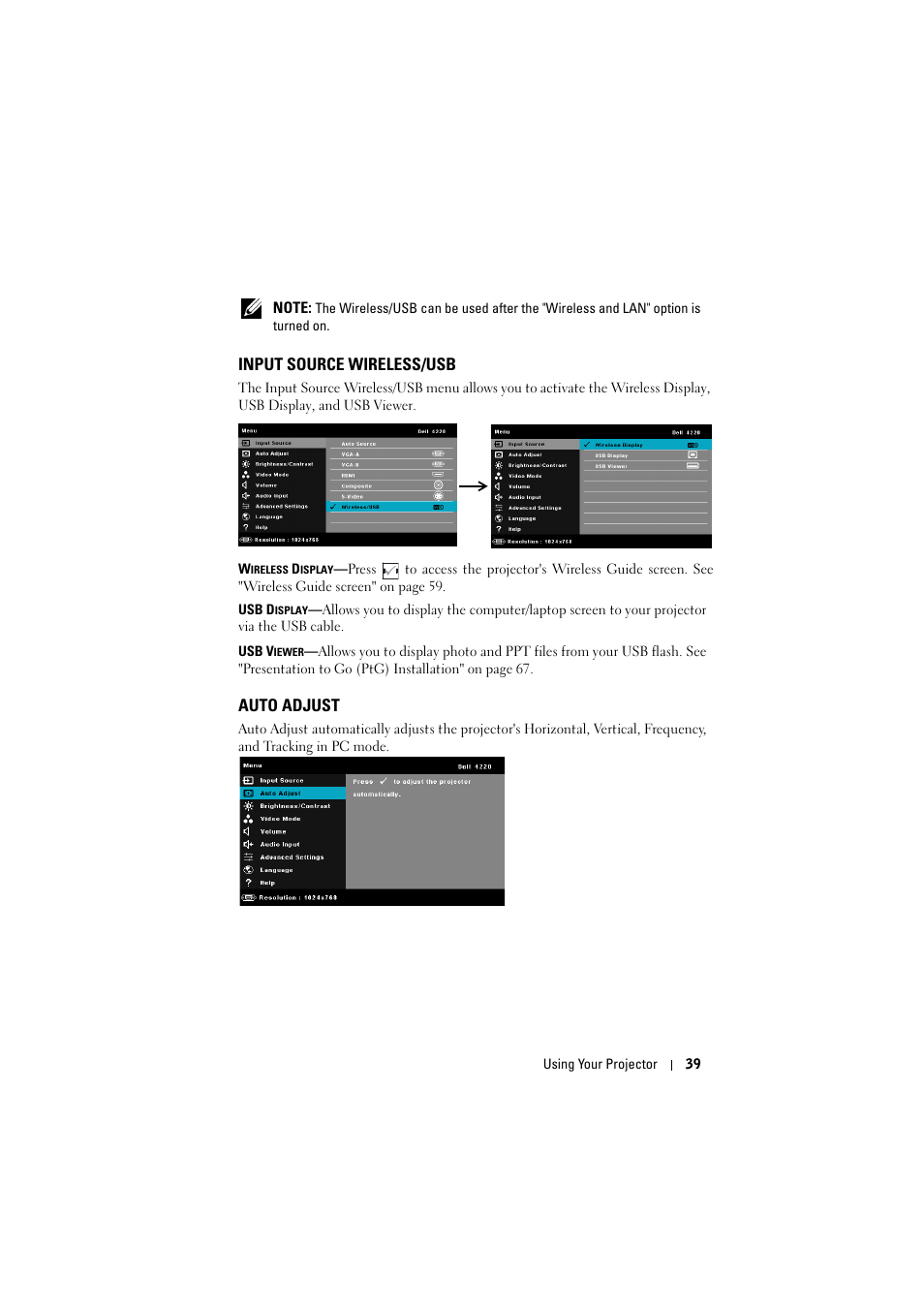 Input source wireless/usb, Auto adjust | Dell 4320 Projector User Manual | Page 39 / 121