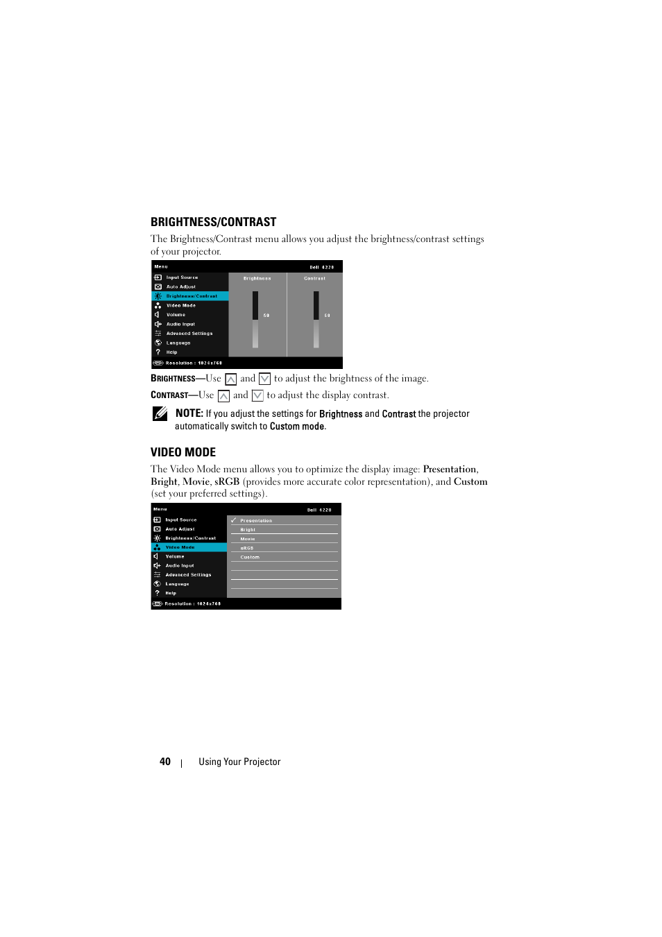 Brightness/contrast, Video mode | Dell 4320 Projector User Manual | Page 40 / 121