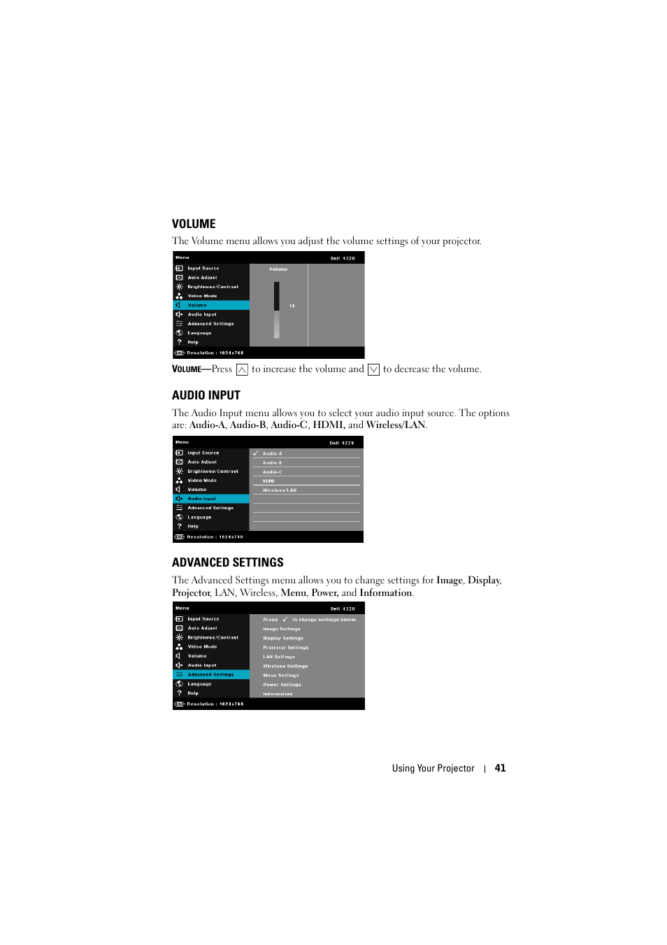 Volume, Audio input, Advanced settings | Dell 4320 Projector User Manual | Page 41 / 121