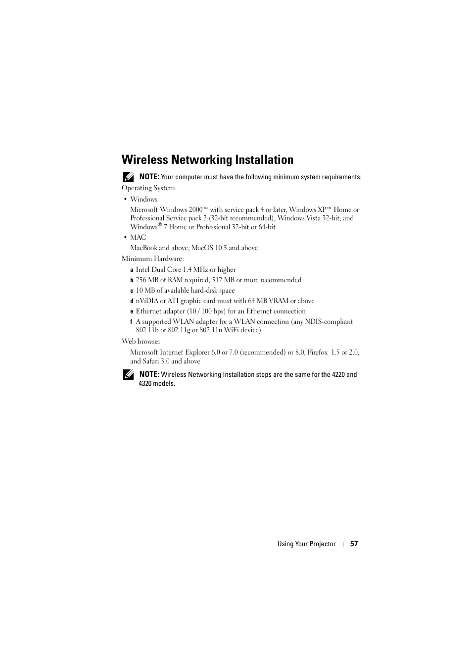 Wireless networking installation | Dell 4320 Projector User Manual | Page 57 / 121