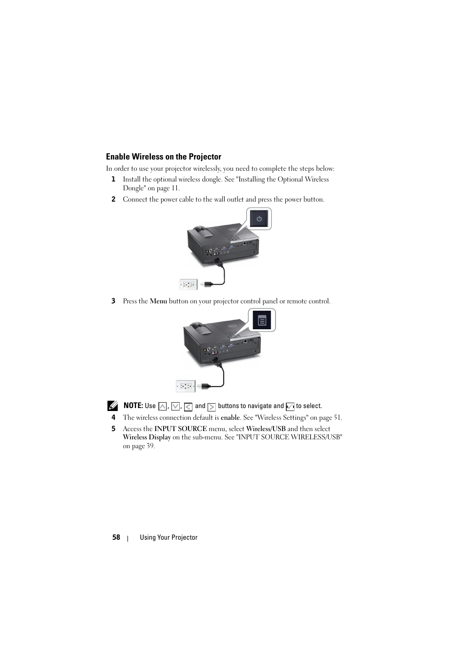 Enable wireless on the projector | Dell 4320 Projector User Manual | Page 58 / 121
