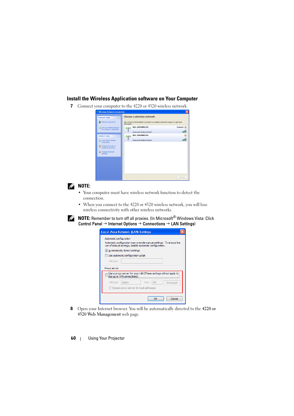 Install the wireless application software on, Your computer | Dell 4320 Projector User Manual | Page 60 / 121