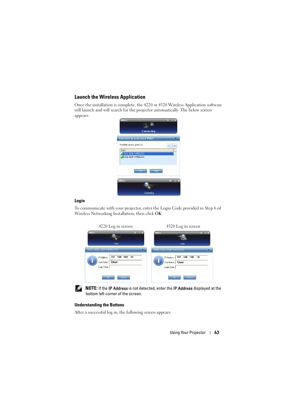 Launch the wireless application, Login, Understanding the buttons | Dell 4320 Projector User Manual | Page 63 / 121