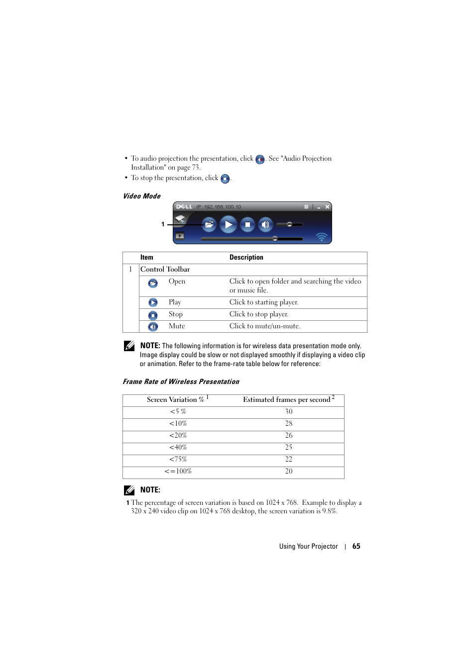 Video mode, Frame rate of wireless presentation | Dell 4320 Projector User Manual | Page 65 / 121