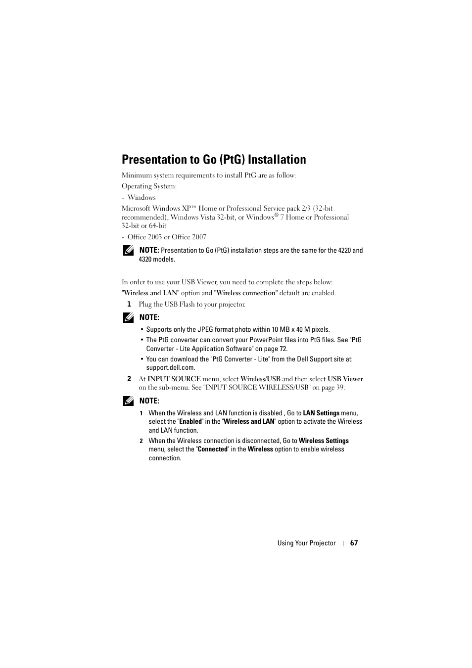 Presentation to go (ptg) installation | Dell 4320 Projector User Manual | Page 67 / 121