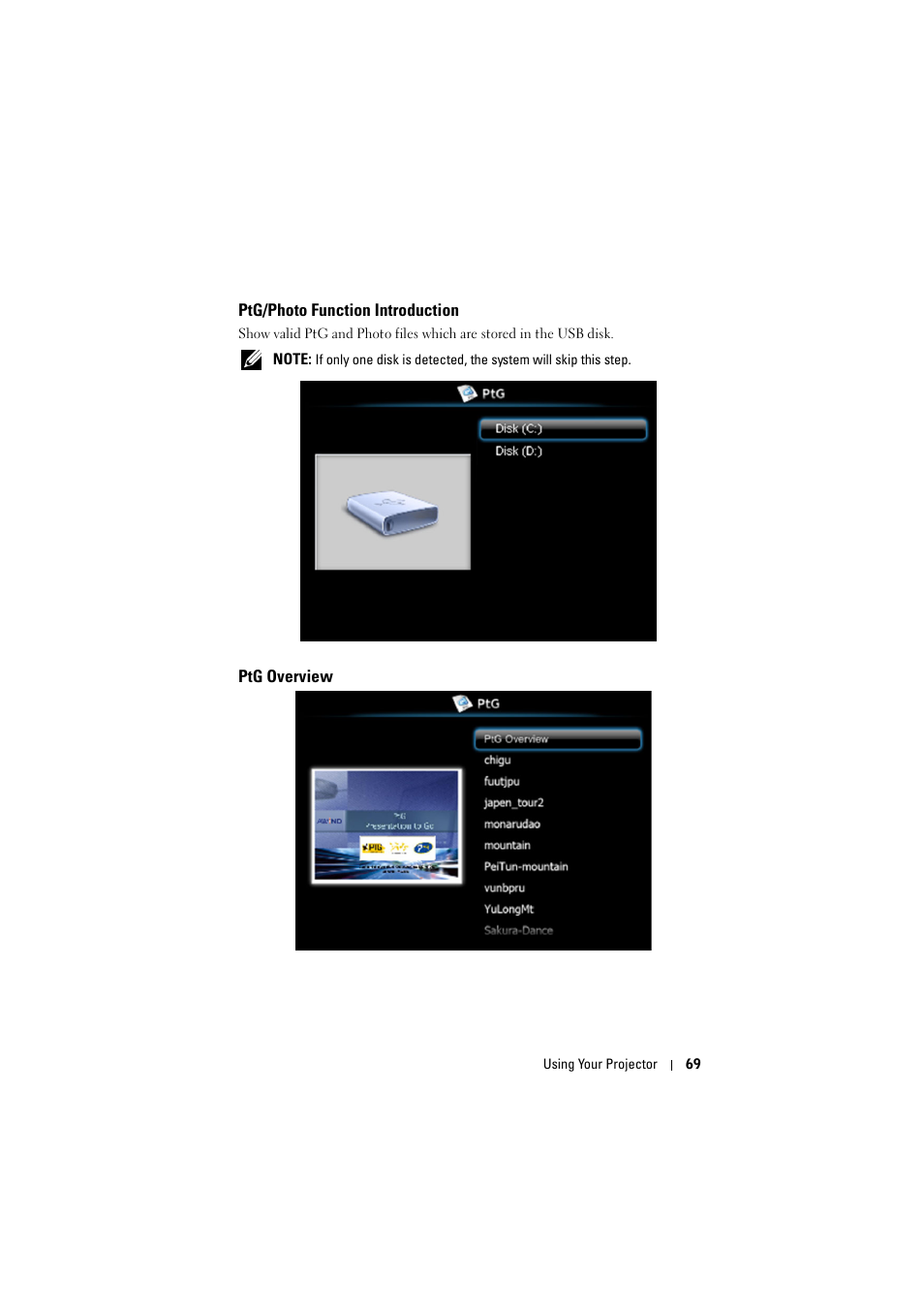 Ptg/photo function introduction, Ptg overview | Dell 4320 Projector User Manual | Page 69 / 121